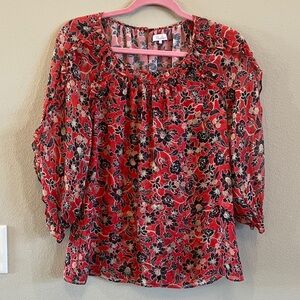 Parker Red Silk Floral Scoop-Neck Blouse